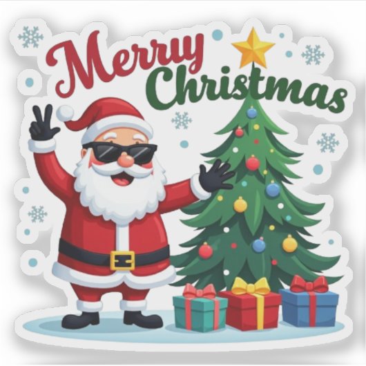 vrolijk kerstfeest | Santa & Tree Design Sticker (Voorkant)