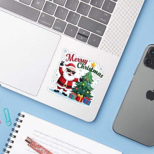 vrolijk kerstfeest | Santa & Tree Design Sticker (Laptop met iPhone)