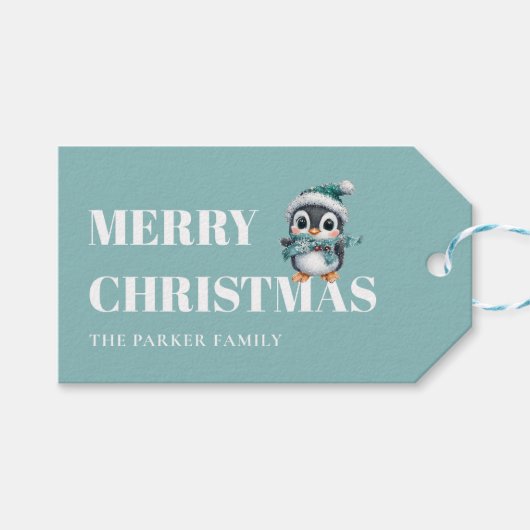 VROLIJK KERSTFEEST! Schattig, pinguïn met kerstmut Cadeaulabel (Voorkant (Horizontaal))