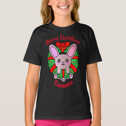 Vrolijk kerstfeest Schattige Baby Bunny in Krans T-shirt (Voorkant)