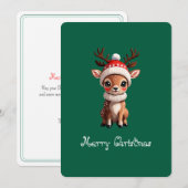 Vrolijk kerstfeest, Schattige Cartoon hert, groene Feestdagenkaart (Voorkant / Achterkant)