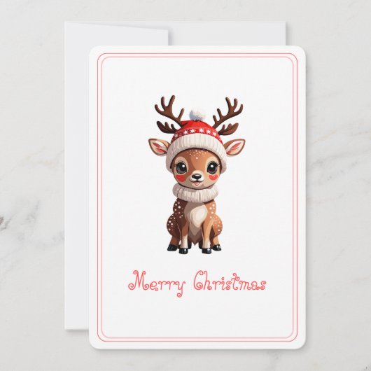 Vrolijk kerstfeest, Schattige Cartoon hert, witte  Feestdagenkaart (Voorkant)