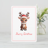 Vrolijk kerstfeest, Schattige Cartoon hert, witte  Feestdagenkaart (Staand voorkant)
