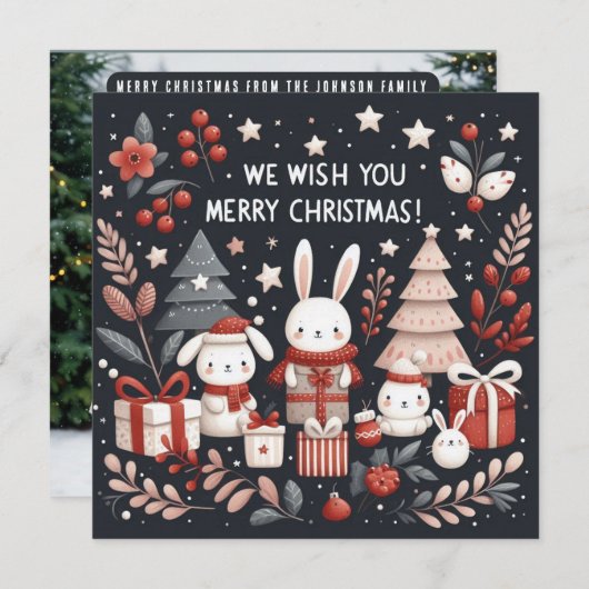 Vrolijk kerstfeest schattige kerstkonijntjes feestdagenkaart (Voorkant / Achterkant)