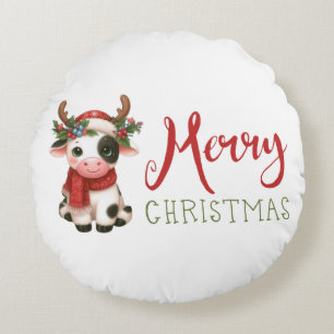 Vrolijk kerstfeest schattige koe rond kussen