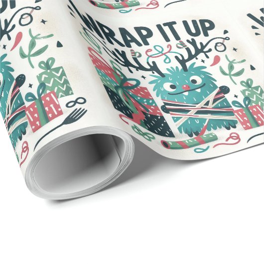 Vrolijk Kerstfeest Schattige monstercadeau verpakt Cadeaupapier (Rol Hoek)