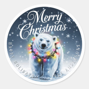 Vrolijk Kerstfeest Schattige Polar Beer & Sneeuw C Ronde Sticker