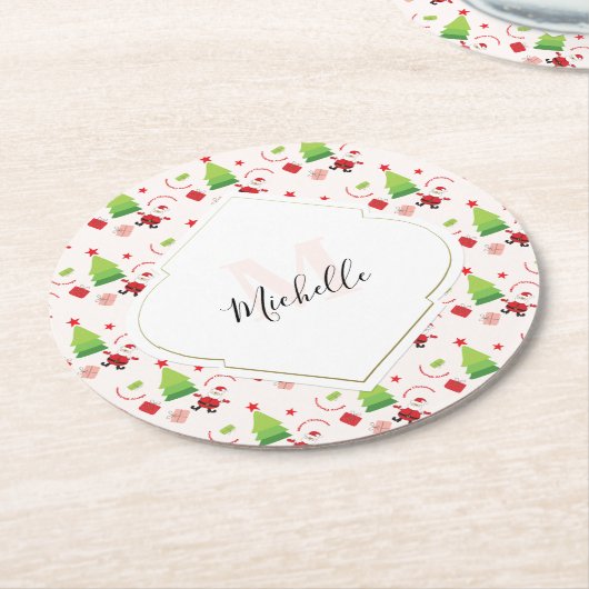 Vrolijk Kerstfeest Schattige Santa Monogram Ronde Kartonnen Onderzetter (Gebogen)