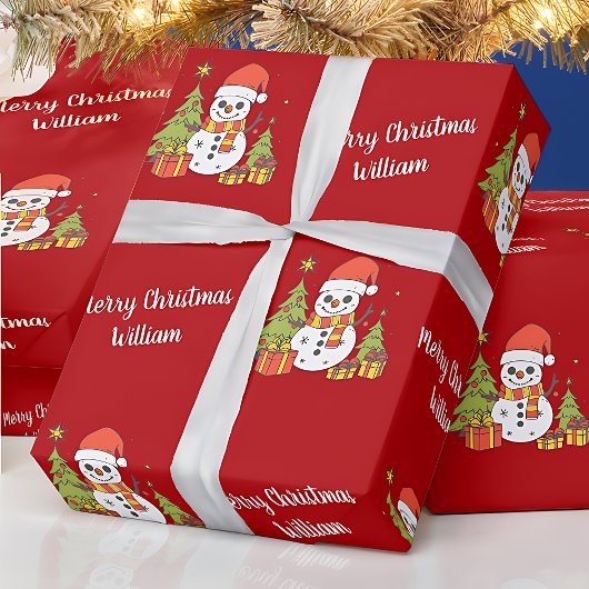 Vrolijk Kerstfeest Schattige Sneeuwman Boom Patroo Cadeaupapier