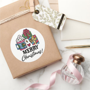 Vrolijk kerstfeest, schattige sneeuwman, cadeaus ronde sticker
