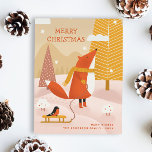 vrolijk kerstfeest. Schattige winterbos vossendier Feestdagenkaart<br><div class="desc">"Merry Christmas" Briefkaart met schattige grappige cartoon bosvos en goudvink dieren in roze blos oranje gele kleuren voor de winter feestdagen.</div>