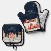 Vrolijk Kerstfeest Schattigee Gnomen Wintersneeuw Ovenwant & Pannenlap Set (Voorkant / Achterkant)