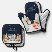 Vrolijk Kerstfeest Schattigee Gnomen Wintersneeuw Ovenwant & Pannenlap Set (Voorkant / Achterkant)