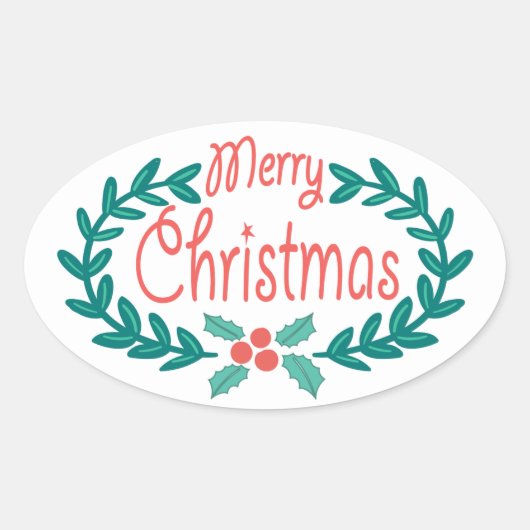 VROLIJK KERSTFEEST SCHATTIGEE HANDGETEKENDE HOLLY OVALE STICKER (Voorkant)