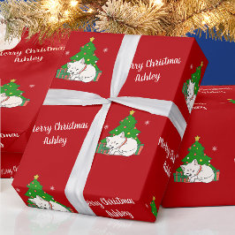 Vrolijk Kerstfeest Schattigee Kattenboom Rode Vint Cadeaupapier