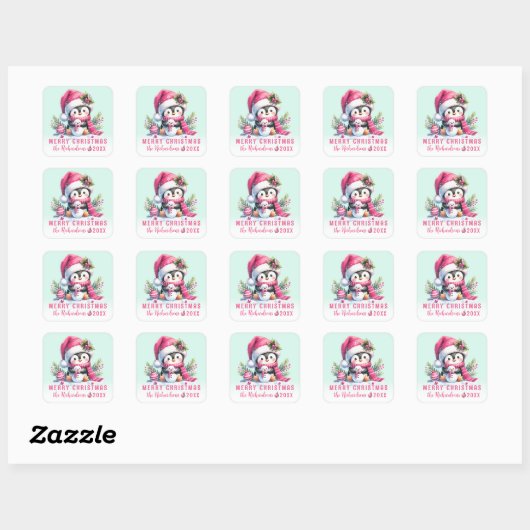 Vrolijk Kerstfeest Schattigee Pinguïn Mint en Roze Vierkante Sticker (Vel)