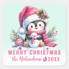 Vrolijk Kerstfeest Schattigee Pinguïn Mint en Roze Vierkante Sticker