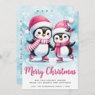 Vrolijk kerstfeest Schattigee pinguïn schaatsers b Feestdagenkaart