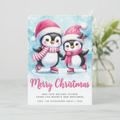 Vrolijk kerstfeest Schattigee pinguïn schaatsers b Feestdagenkaart (Staand voorkant)