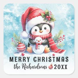 Vrolijk Kerstfeest Schattigee Pinguïn Snowy en Red Vierkante Sticker