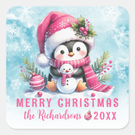 Vrolijk Kerstfeest Schattigee Pinguïn Snowy en Roz Vierkante Sticker