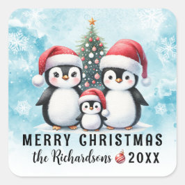 Vrolijk Kerstfeest Schattigee Pinguïns Blauw en Ro Vierkante Sticker