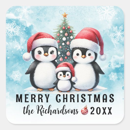 Vrolijk Kerstfeest Schattigee Pinguïns Blauw en Ro Vierkante Sticker (Voorkant)