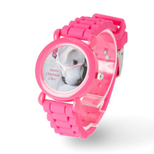 Vrolijk Kerstfeest Schattigee Puppy Dog Foto Roze Horloge