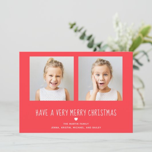 vrolijk kerstfeest | Schattigee rode en witte twee Feestdagenkaart (Staand voorkant)