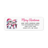 Vrolijk Kerstfeest Schattigee Schaatspinguïns Roze Etiket (Voorkant)