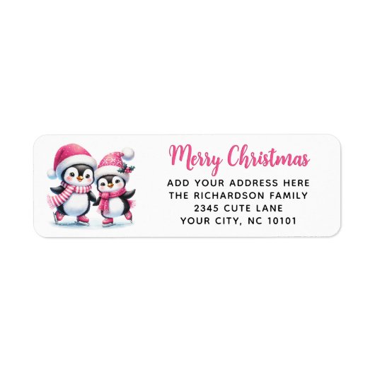 Vrolijk Kerstfeest Schattigee Schaatspinguïns Roze Etiket (Voorkant)