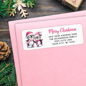 Vrolijk Kerstfeest Schattigee Schaatspinguïns Roze Etiket