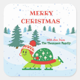 Vrolijk Kerstfeest Schattigee Schildpad Schaatsen Vierkante Sticker