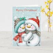 Vrolijk kerstfeest, Schattigee sneeuwman paar knuf Kaart (Gele Bloem)