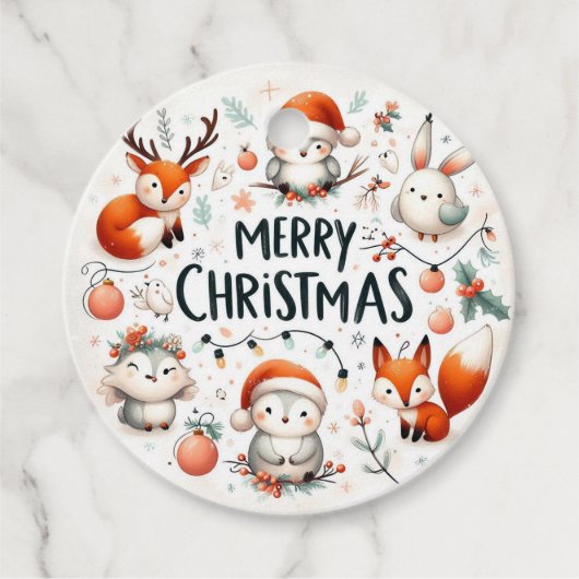 Vrolijk Kerstfeest Schattigee Vossen en Konijnen F Bedankjes Labels (Voorkant)