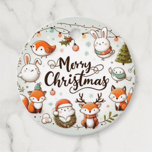 Vrolijk Kerstfeest Schattigee Vossen en Konijnen F Bedankjes Labels (Voorkant)