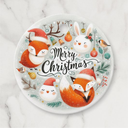 Vrolijk Kerstfeest Schattigee Vossen en Konijnen F Bedankjes Labels (Voorkant)