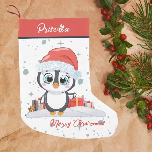 Vrolijk kerstfeest Schattigee vrolijke pinguïn met Kleine Kerstsok