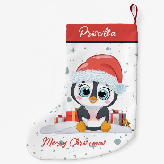 Vrolijk kerstfeest Schattigee vrolijke pinguïn met Kleine Kerstsok (Achterkant)
