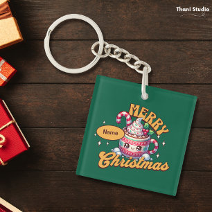 Vrolijk kerstfeest Schattigee warme chocolademelk Sleutelhanger