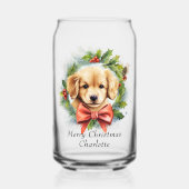 Vrolijk Kerstfeest Schattigee Waterverf Puppy Hond Blikvorm Glas (Voorkant)