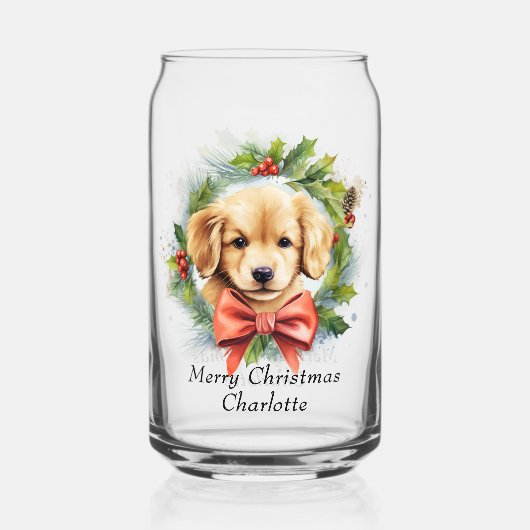 Vrolijk Kerstfeest Schattigee Waterverf Puppy Hond Blikvorm Glas (Voorkant)