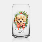 Vrolijk Kerstfeest Schattigee Waterverf Puppy Hond Blikvorm Glas (Achterkant)