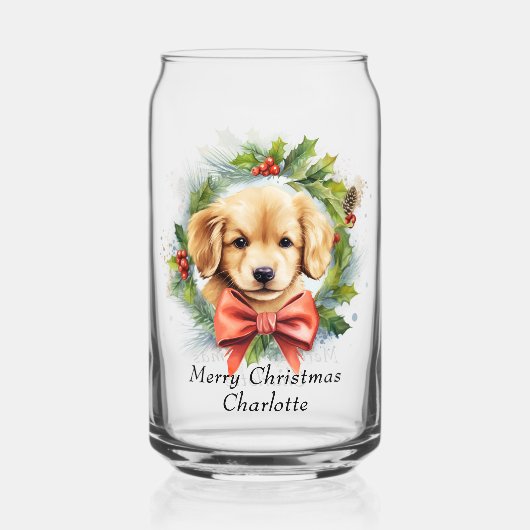 Vrolijk Kerstfeest Schattigee Waterverf Puppy Hond Blikvorm Glas (Achterkant)