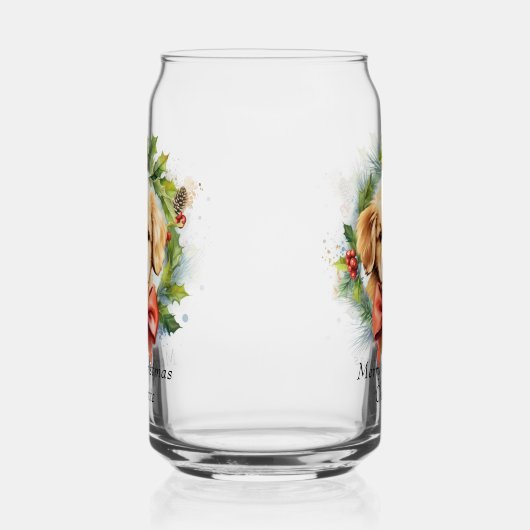 Vrolijk Kerstfeest Schattigee Waterverf Puppy Hond Blikvorm Glas (Links)