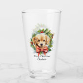 Vrolijk Kerstfeest Schattigee Waterverf Puppy Hond Glas (Achterkant)