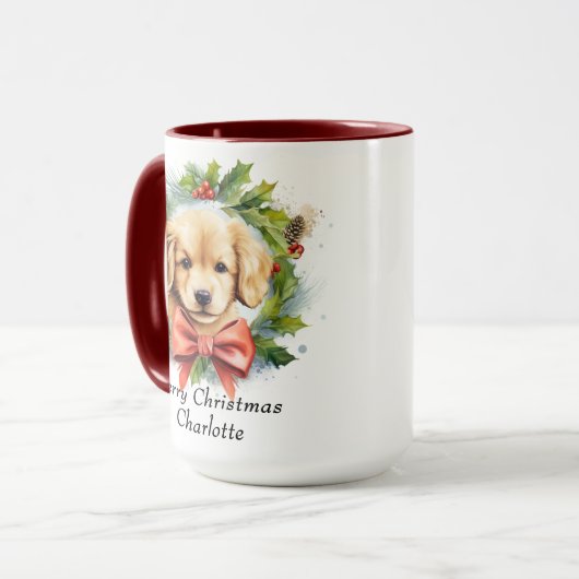 Vrolijk Kerstfeest Schattigee Waterverf Puppy Hond Mok (Voorkant links)