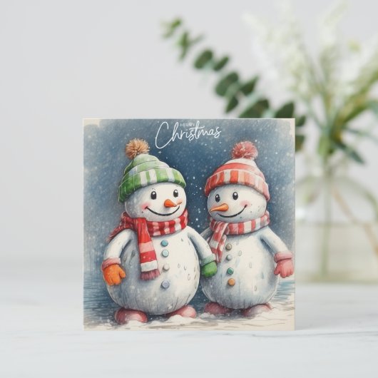 Vrolijk kerstfeest Schattigee Waterverf sneeuwpopp Feestdagenkaart (Staand voorkant)