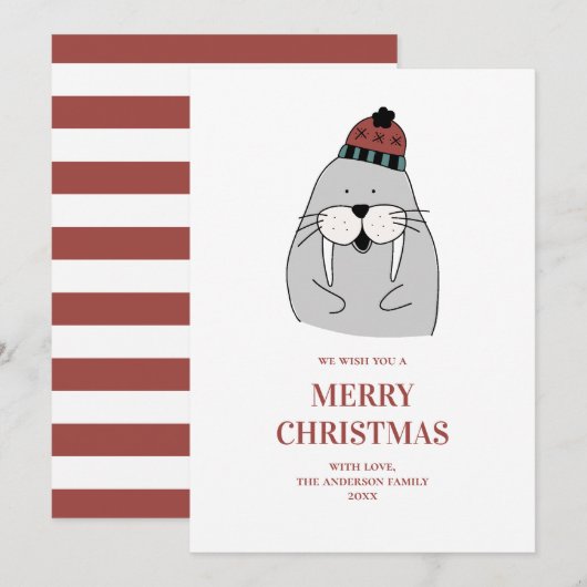 vrolijk kerstfeest. Schattigee winterwalrus. Grapp Feestdagenkaart (Voorkant / Achterkant)