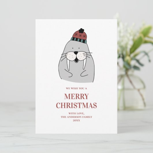 vrolijk kerstfeest. Schattigee winterwalrus. Grapp Feestdagenkaart (Staand voorkant)